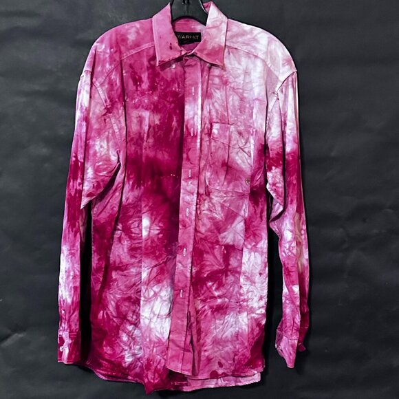 Ariat Tie Dye Shirt Long Sleeve Size Large Red Pink Rodeo Pearl Snaps Cowboy LT - Picture 3 of 10